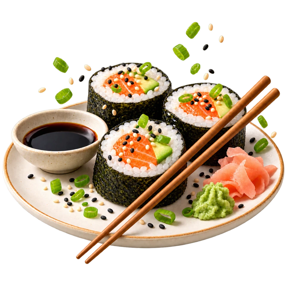 Sushirollen mit Lachs und Avocado auf einem Teller mit Sojasauce, Wasabi und Stäbchen